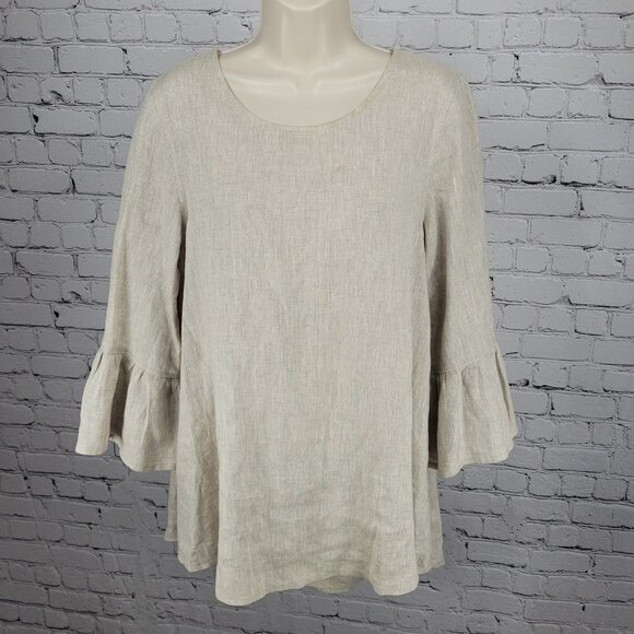 Crown Linen Beige 100% European Linen 3/4 Bell Sleeve Tunic Top Size Small S - Picture 1 of 15